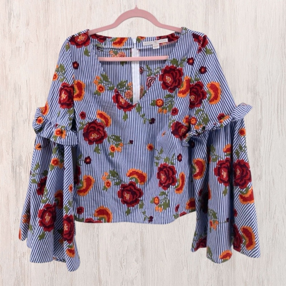 Boston Proper Women Embroidered Floral Stripe Bell Sleeve Blouse‎ Size 6 Cottage